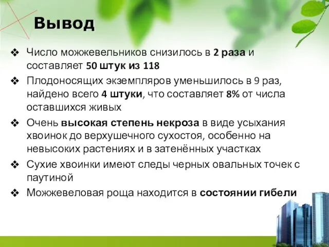 Вывод Число можжевельников снизилось в 2 раза и составляет 50