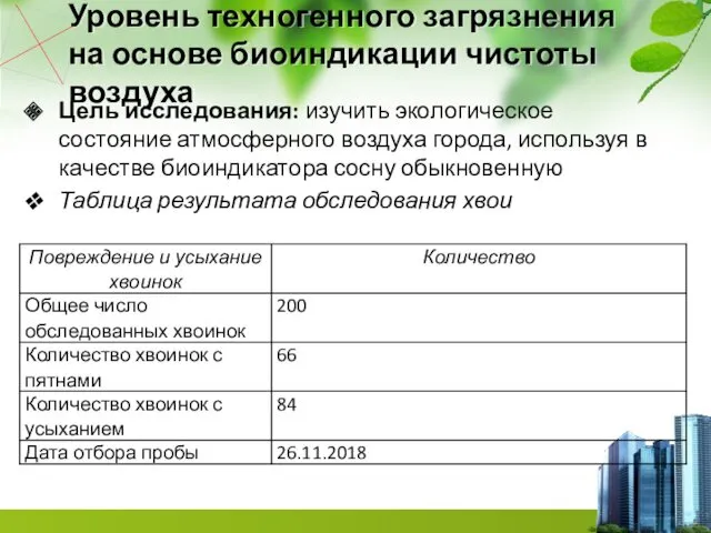 Уровень техногенного загрязнения на основе биоиндикации чистоты воздуха Цель исследования: изучить экологическое состояние