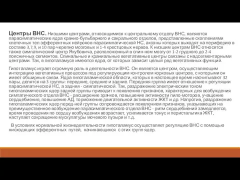 Центры ВНС. Низшими центрами, относящимися к центральному отделу ВНС, являются