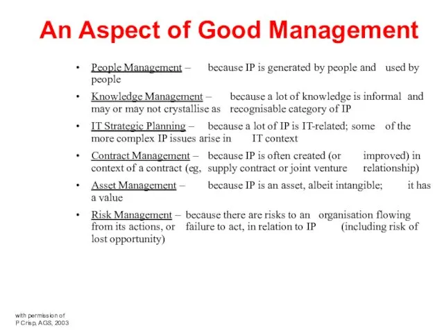 An Aspect of Good Management People Management – because IP
