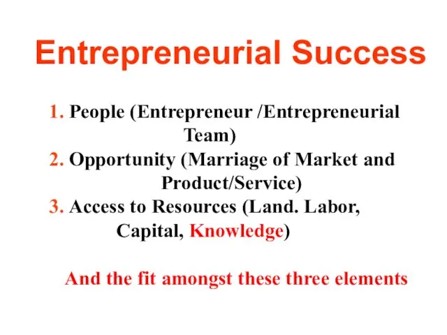 Entrepreneurial Success 1. People (Entrepreneur /Entrepreneurial Team) 2. Opportunity (Marriage