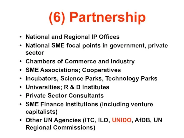 (6) Partnership National and Regional IP Offices National SME focal