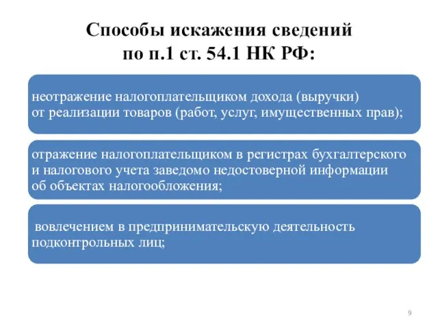 Способы искажения сведений по п.1 ст. 54.1 НК РФ: