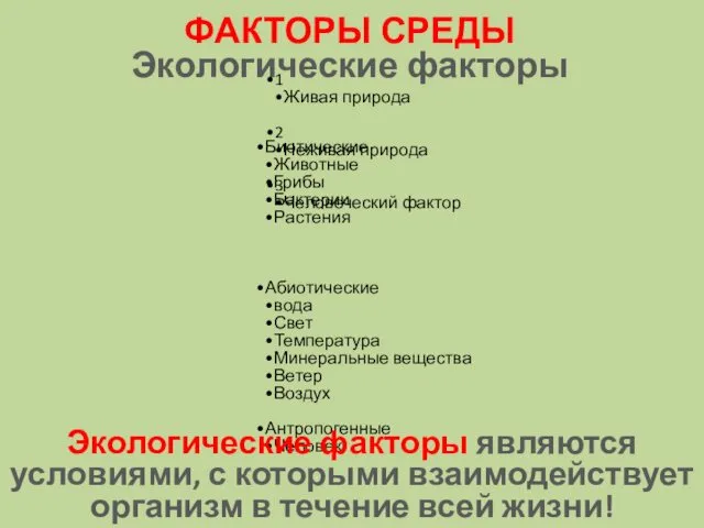 ФАКТОРЫ СРЕДЫ Экологические факторы Биотические Животные Грибы Бактерии Растения Абиотические