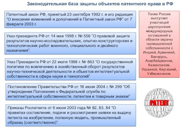 Законодательная база защиты объектов патентного права в РФ Патентный закон РФ, принятый 23