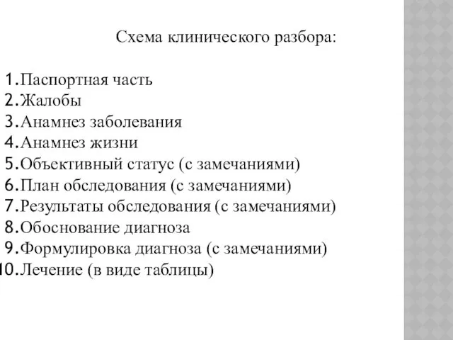 Схема клинического разбора: Паспортная часть Жалобы Анамнез заболевания Анамнез жизни