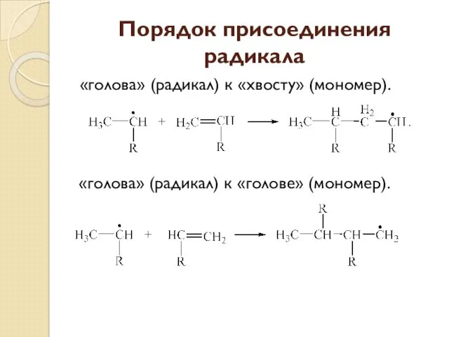 Порядок присоединения радикала «голова» (радикал) к «хвосту» (мономер). «голова» (радикал) к «голове» (мономер).