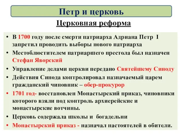 Церковная реформа В 1700 году после смерти патриарха Адриана Петр