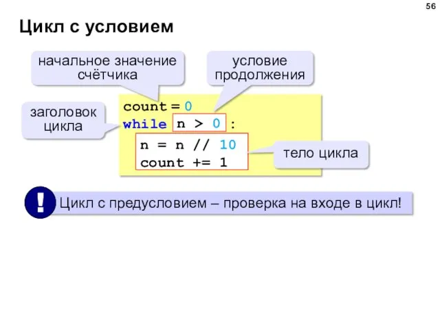 Цикл с условием count = 0 while : n =