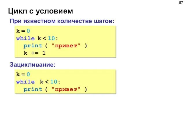 Цикл с условием k = 0 while k print (