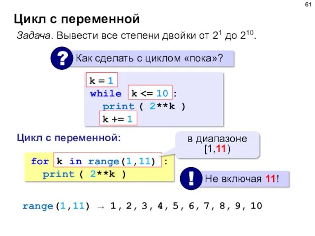 Цикл с переменной Задача. Вывести все степени двойки от 21