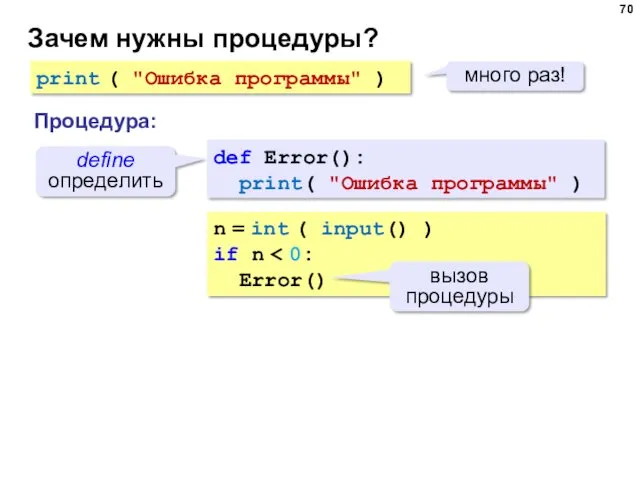 Зачем нужны процедуры? print ( "Ошибка программы" ) много раз!