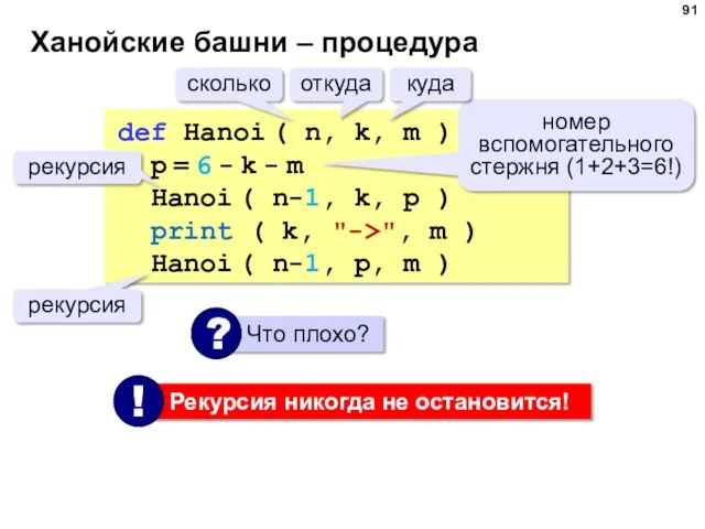 Ханойские башни – процедура def Hanoi ( n, k, m