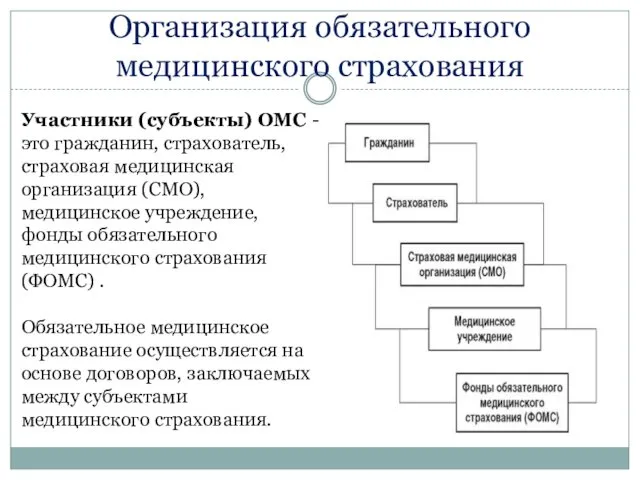 Участники (субъекты) ОМС - это гражданин, страхователь, страховая медицинская организация