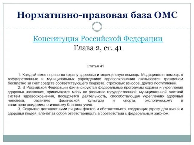 Конституция Российской Федерации Глава 2, ст. 41 Нормативно-правовая база ОМС
