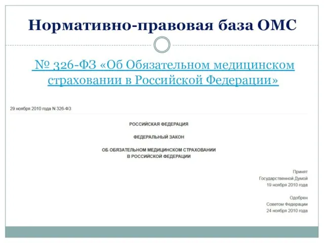 № 326-ФЗ «Об Обязательном медицинском страховании в Российской Федерации» Нормативно-правовая база ОМС