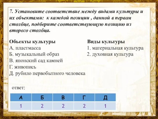 Название презентации 7. Установите соответствие между видами культуры и их