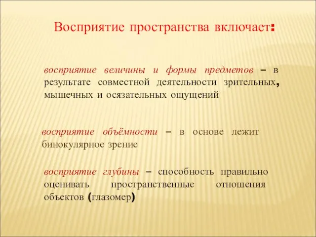 Восприятие пространства включает: восприятие величины и формы предметов – в