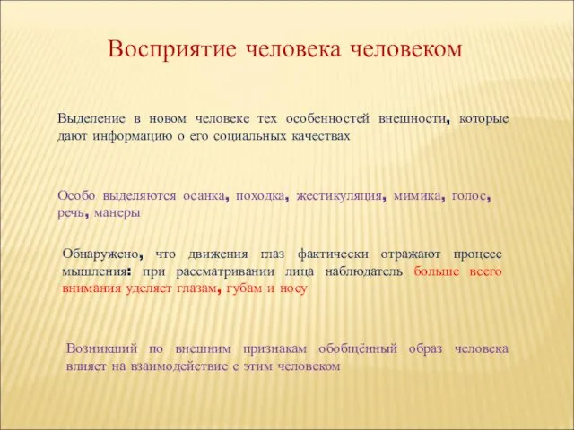 Восприятие человека человеком Выделение в новом человеке тех особенностей внешности,