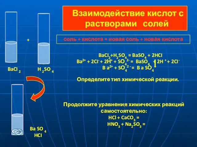 Взаимодействие кислот с растворами солей BaCI2+H2SO4 = BaSO4 + 2HCI