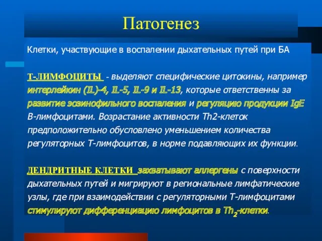 Патогенез Клетки, участвующие в воспалении дыхательных путей при БА Т-ЛИМФОЦИТЫ