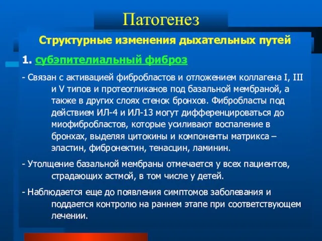 Патогенез Структурные изменения дыхательных путей 1. субэпителиальный фиброз - Связан