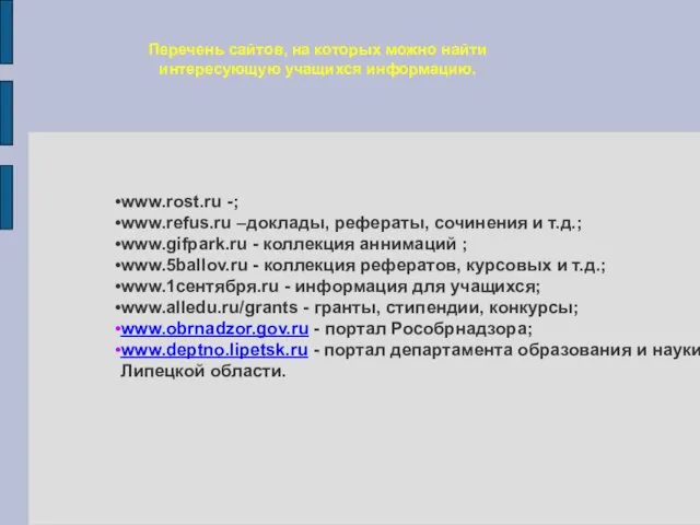 Перечень сайтов, на которых можно найти интересующую учащихся информацию. www.rost.ru -; www.refus.ru –доклады,