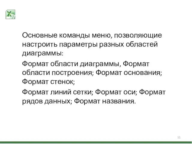 Основные команды меню, позволяющие настроить параметры разных областей диаграммы: Формат области диаграммы, Формат