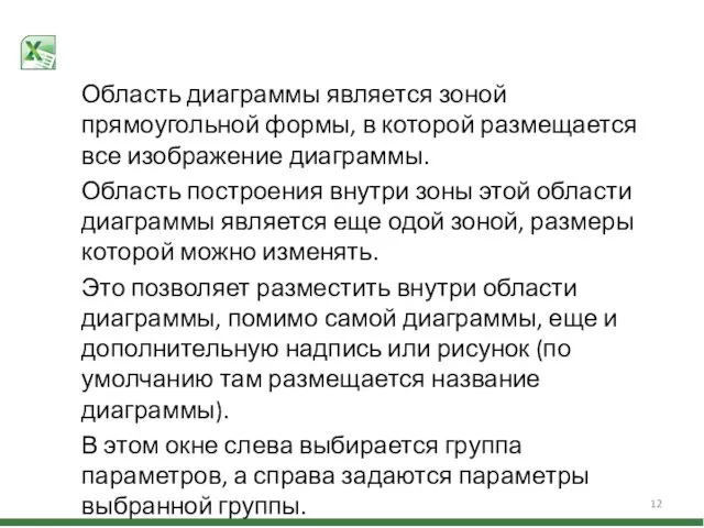 Область диаграммы является зоной прямоугольной формы, в которой размещается все изображение диаграммы. Область