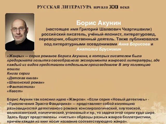 Борис Акунин (настоящее имя Григорий Шалвович Чхартишвили) российский писатель, учёный-японист,