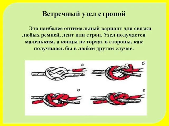 Встречный узел стропой Это наиболее оптимальный вариант для связки любых