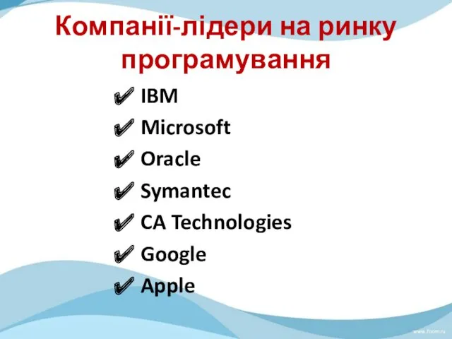 Компанії-лідери на ринку програмування IBM Microsoft Oracle Symantec CA Technologies Google Apple