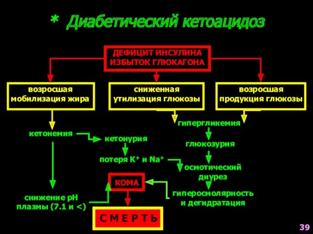 * Диабетический кетоацидоз ДЕФИЦИТ ИНСУЛИНА ИЗБЫТОК ГЛЮКАГОНА возросшая мобилизация жира