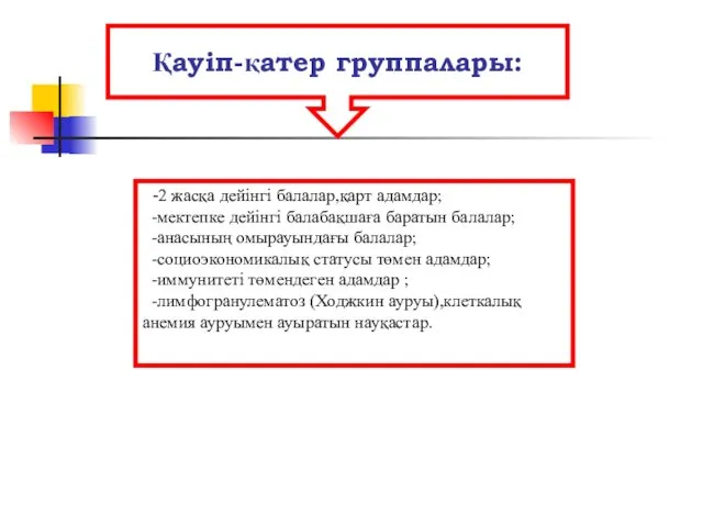 Қауіп-қатер группалары: -2 жасқа дейінгі балалар,қарт адамдар; -мектепке дейінгі балабақшаға