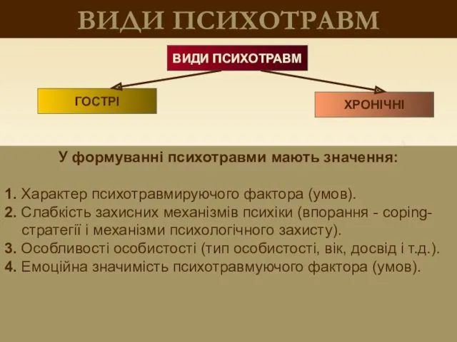 ВИДИ ПСИХОТРАВМ У формуванні психотравми мають значення: 1. Характер психотравмируючого