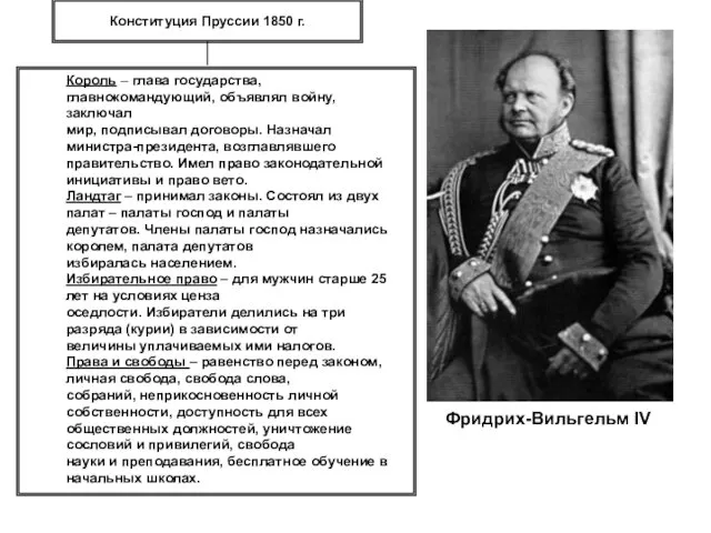 Конституция Пруссии 1850 г. Король – глава государства, главнокомандующий, объявлял