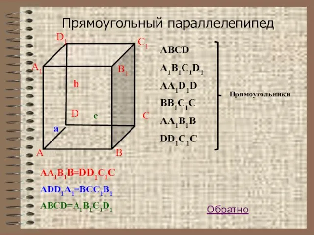 Прямоугольный параллелепипед AA1B1B=DD1C1C ADD1A1=BCC1B1 ABCD=A1B1C1D1 D ABCD A1B1C1D1 AA1D1D BB1C1C