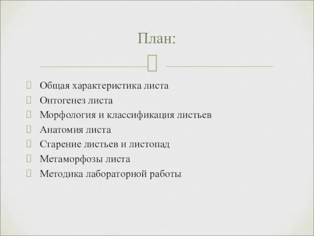 Общая характеристика листа Онтогенез листа Морфология и классификация листьев Анатомия