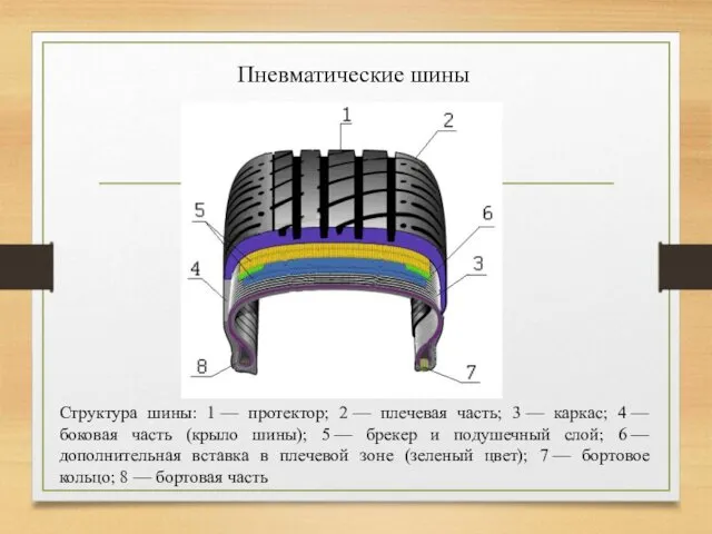 Пневматические шины Структура шины: 1 — протектор; 2 — плечевая