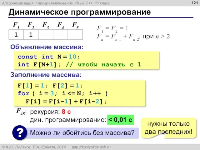 Динамическое программирование Объявление массива: const int N = 10; int