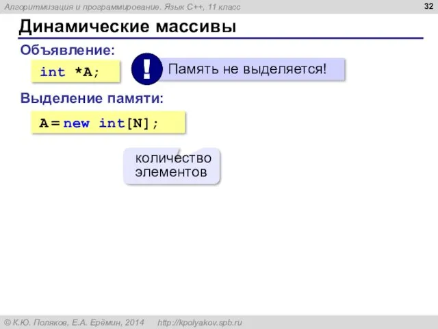 Динамические массивы Объявление: int *A; Выделение памяти: A = new int[N]; количество элементов