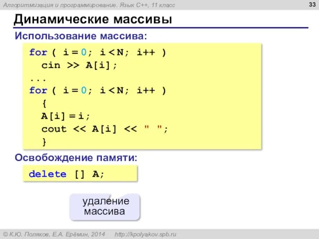 Динамические массивы Использование массива: for ( i = 0; i