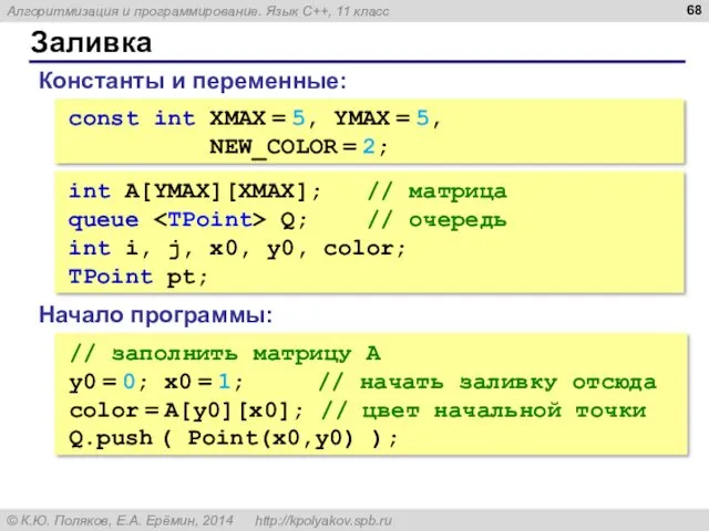 Заливка const int XMAX = 5, YMAX = 5, NEW_COLOR
