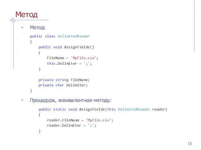 Метод Метод: public class DelimitedReader { public void AssignFields() {
