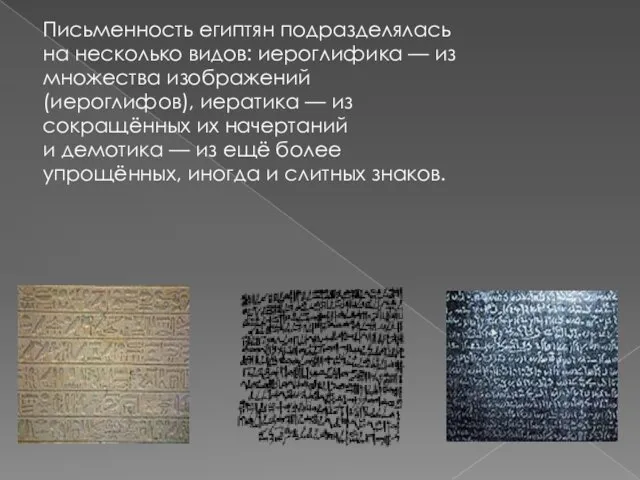 Письменность египтян подразделялась на несколько видов: иероглифика — из множества изображений (иероглифов), иератика