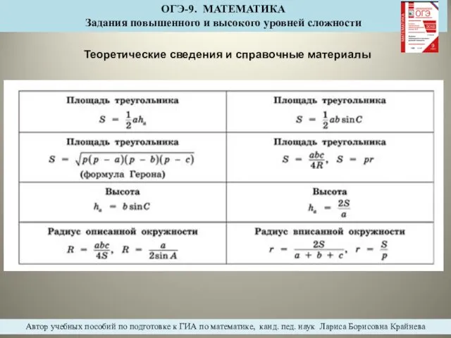 Теоретические сведения и справочные материалы ОГЭ-9. МАТЕМАТИКА Задания повышенного и