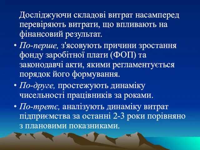 Досліджуючи складові витрат насамперед перевіряють витрати, що впливають на фінансовий