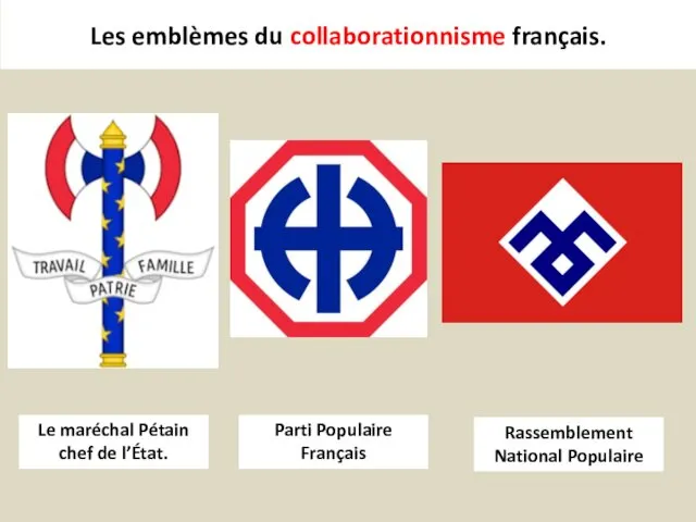 Les emblèmes du collaborationnisme français. Le maréchal Pétain chef de l’État. Parti Populaire