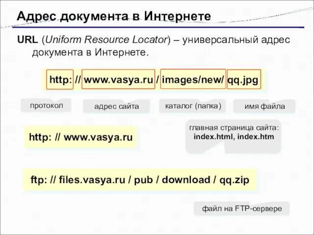 Адрес документа в Интернете URL (Uniform Resource Locator) – универсальный