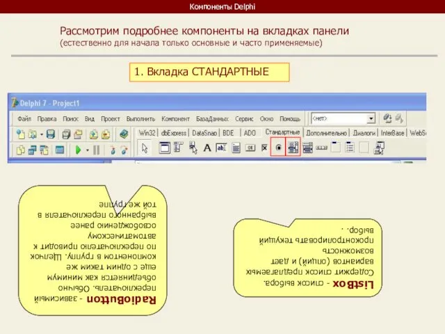 Компоненты Delphi Рассмотрим подробнее компоненты на вкладках панели (естественно для